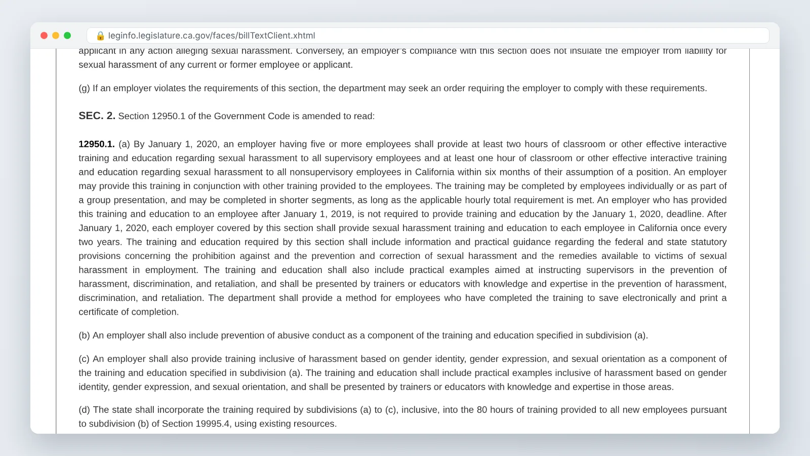 California Legislative Information page showing the text of SB-1343 training hour requirements