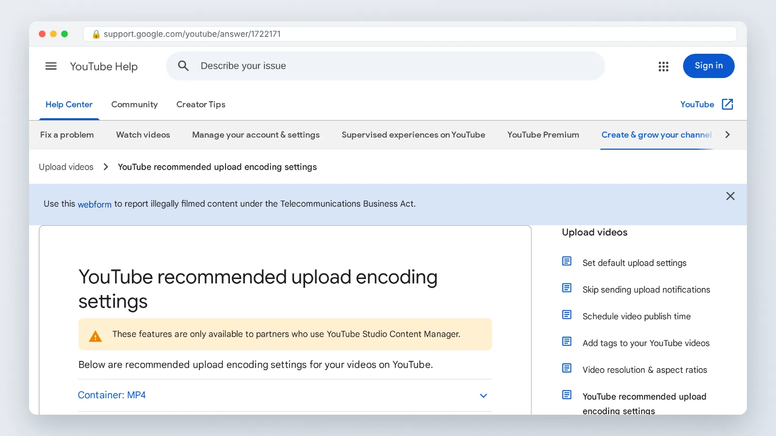 YouTube Help page showing recommended upload encoding settings and accepted frame rates