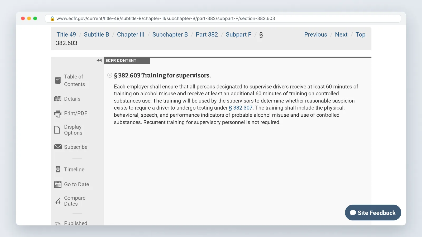eCFR page showing 49 CFR section 382.603 Training for supervisors rule text