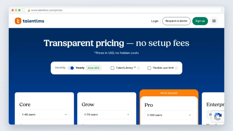 TalentLMS pricing page, one of five employee onboarding training solutions compared, showing plan tiers and monthly prices