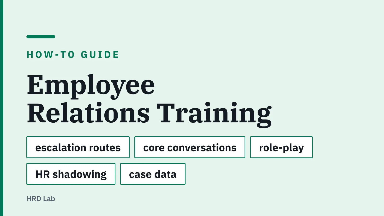 Title card: Employee Relations Training — escalation routes, core conversations, role-play, HR shadowing, case data