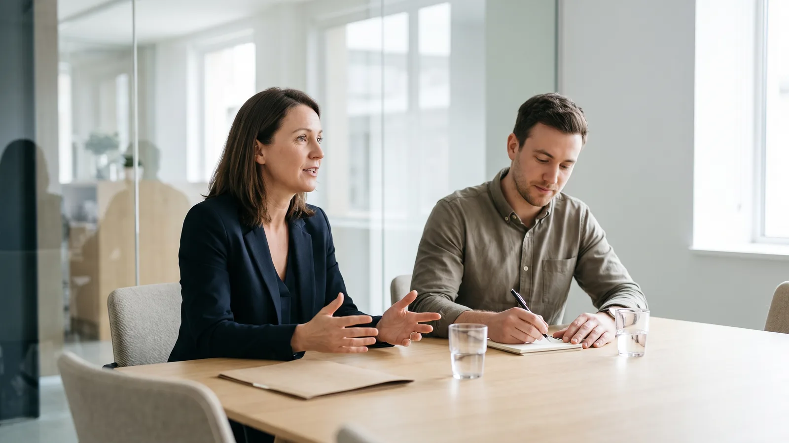Woman gesturing as she speaks at a light meeting table while a man beside her writes in a notepad