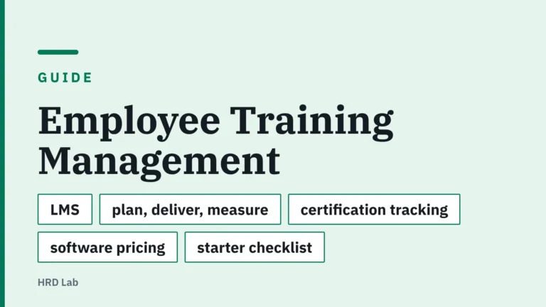 Title card: Employee Training Management — LMS, plan, deliver, measure, certification tracking, software pricing