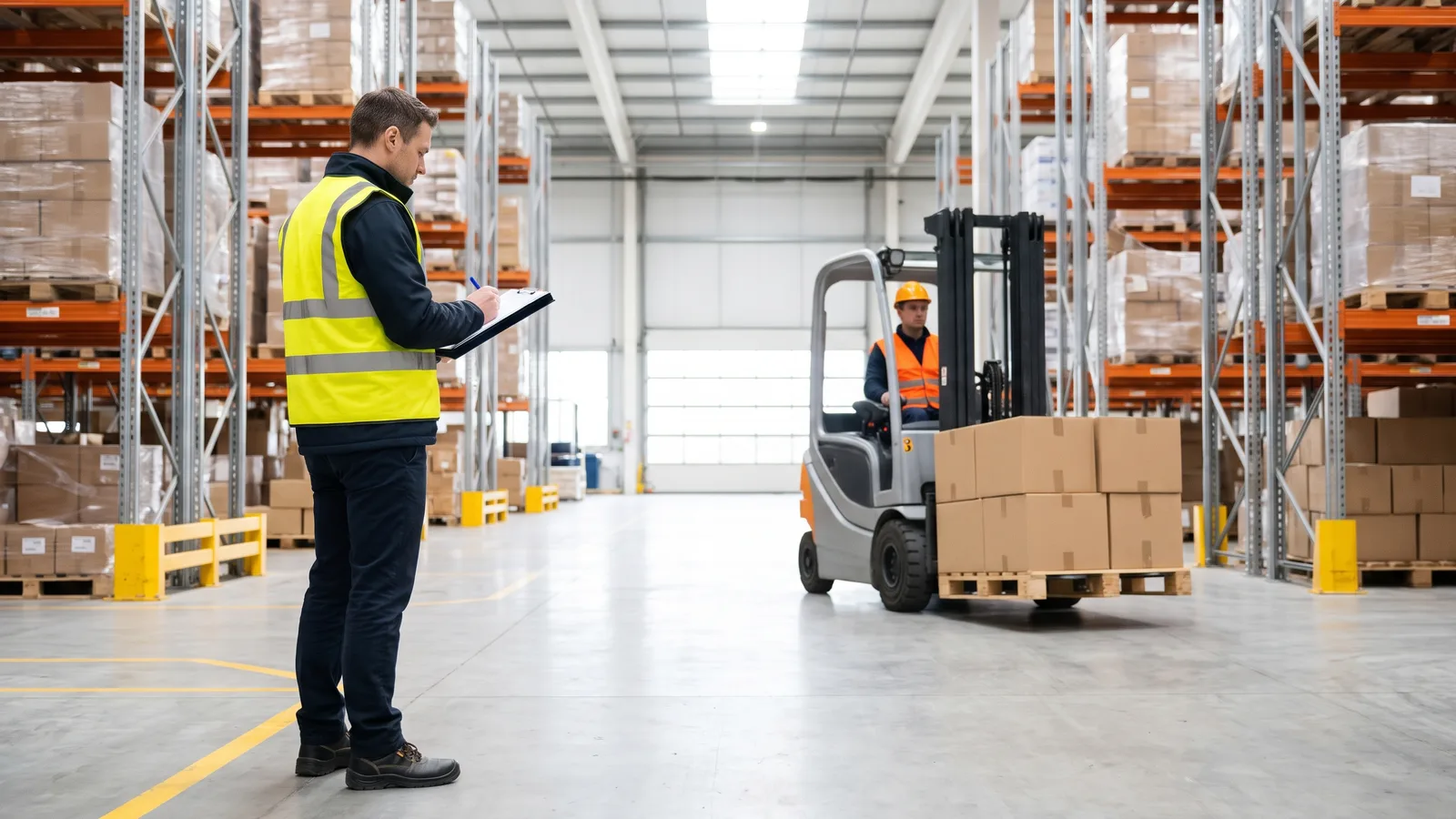 Supervisor with clipboard watches a forklift operator move a pallet of boxes in a bright warehouse aisle