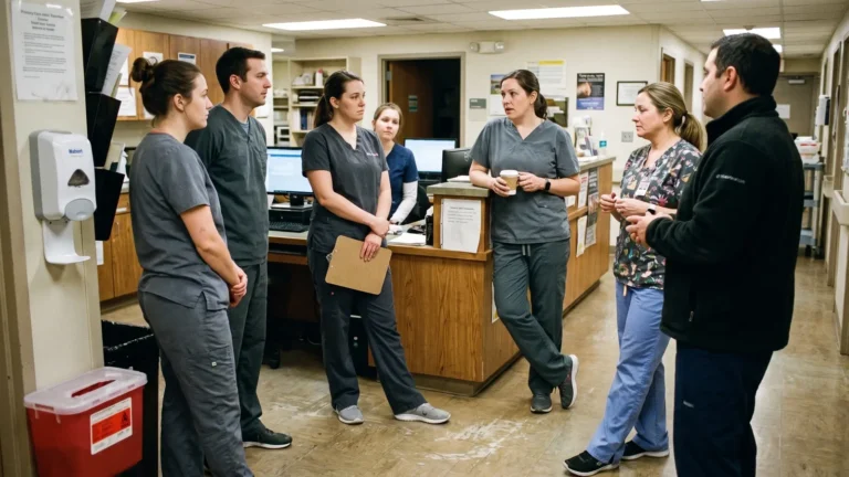 Clinic staff in scrubs in a shift-change huddle, the setting for healthcare compliance training drills
