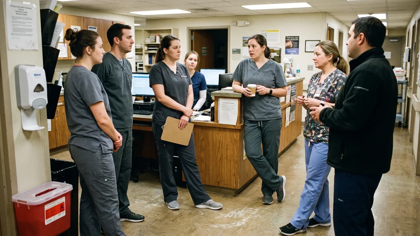 Clinic staff in scrubs in a shift-change huddle, the setting for healthcare compliance training drills