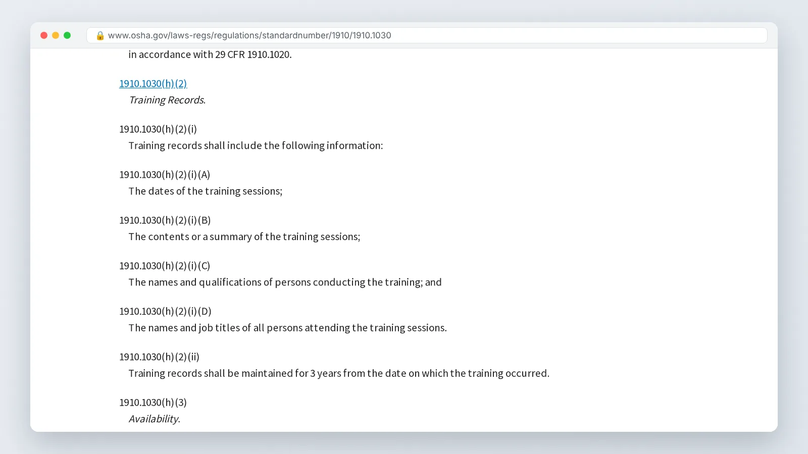 OSHA 1910.1030 recordkeeping paragraph listing required bloodborne pathogens training record contents