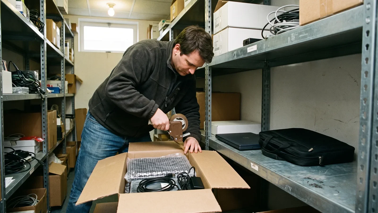 Coordinator packing a laptop, headset and charger into a shipping box for a remote onboarding new hire