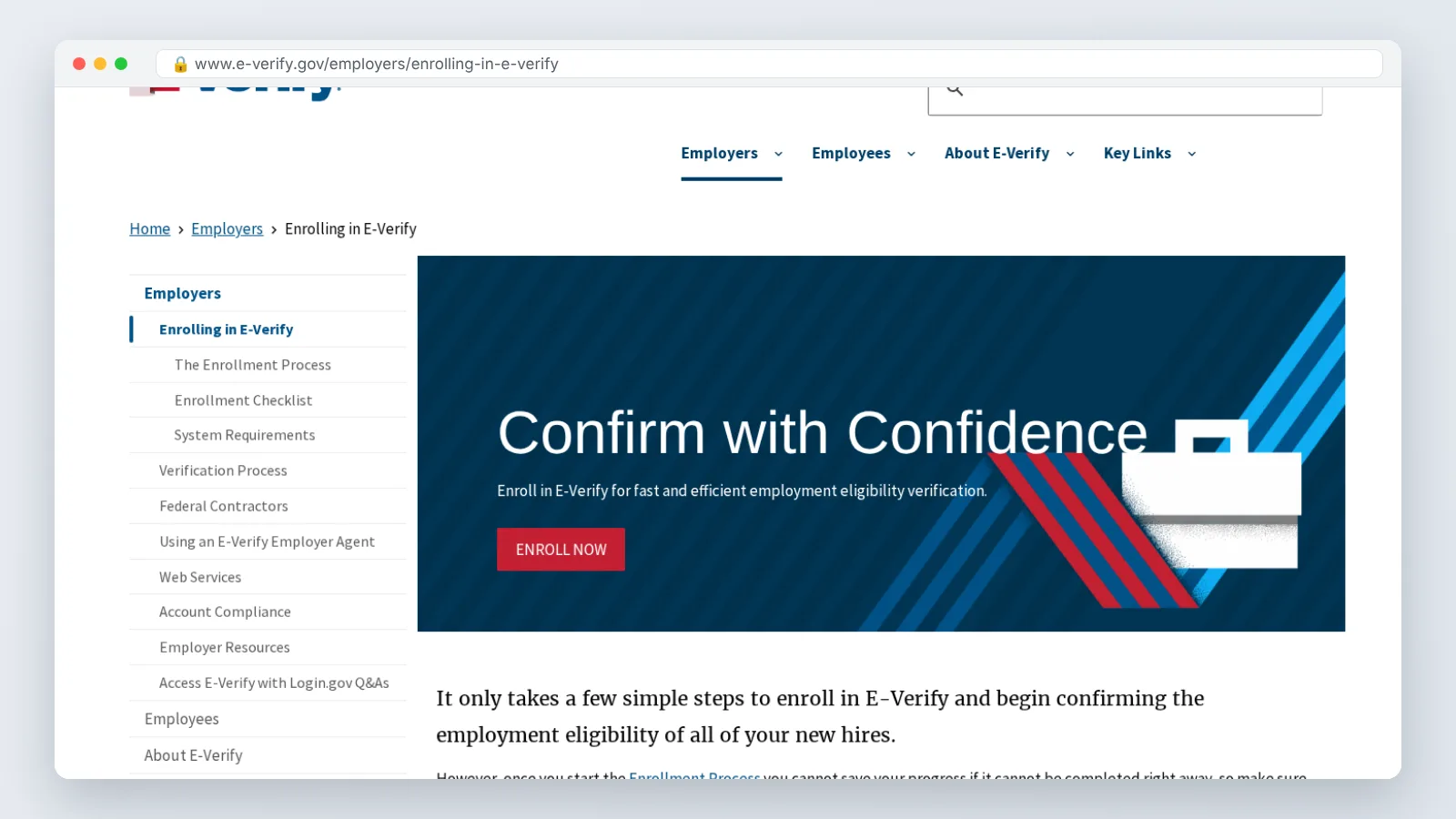 E-Verify screen: Employer enrollment and case creation screen for Form I-9 employment eligibility verification