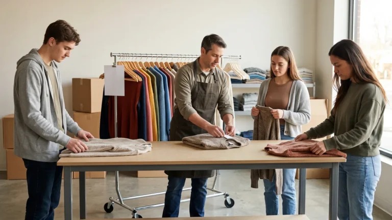 Store trainer in an apron folding a sweater at a table while three new hires watch, clothing rack behind