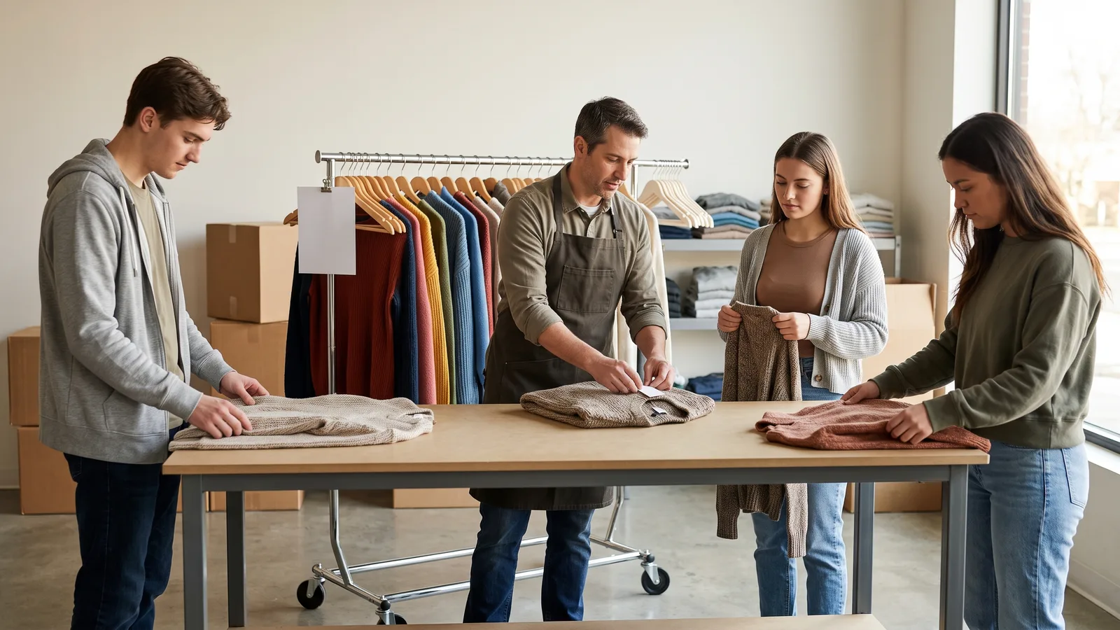 Store trainer in an apron folding a sweater at a table while three new hires watch, clothing rack behind